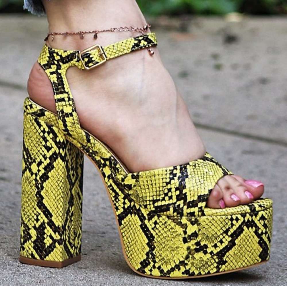 Yellow Snake Textured Platform Strapped Sandals